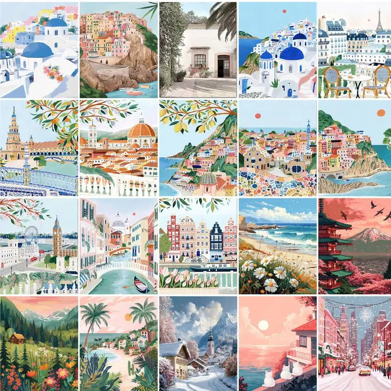 Acrylic Painting by Numbers Frame Town Landscape Number Painting Paint Kit Painting Decors for Adults for Handicraft